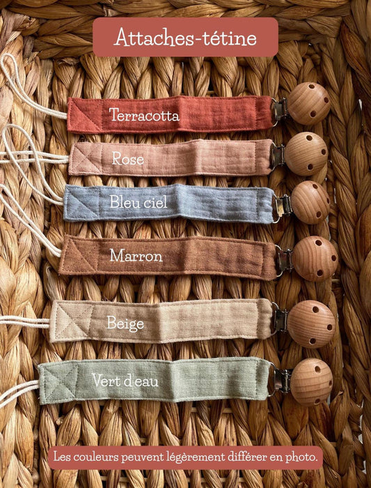 Attache tétine bébé personnalisée en gaze de coton - Cadeau naissance - Clip bois