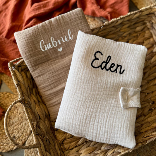 Protège carnet de santé personnalisé en double gaze de coton, cadeau naissance