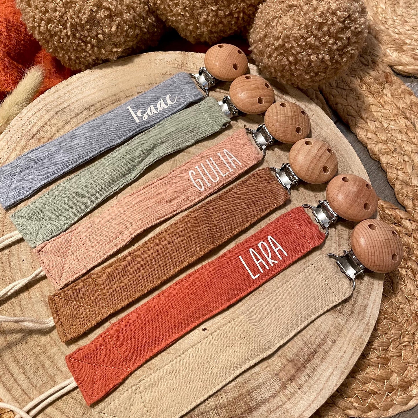 Attache tétine bébé personnalisée en gaze de coton - Cadeau naissance - Clip bois