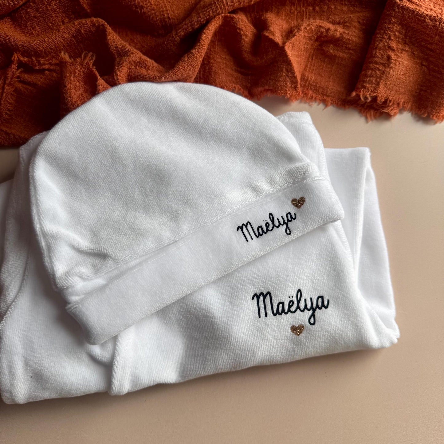 Tenue de naissance personnalisée bébé – Ensemble 3 pièces en velours – Pyjama naissance personnalisé, cadeau naissance