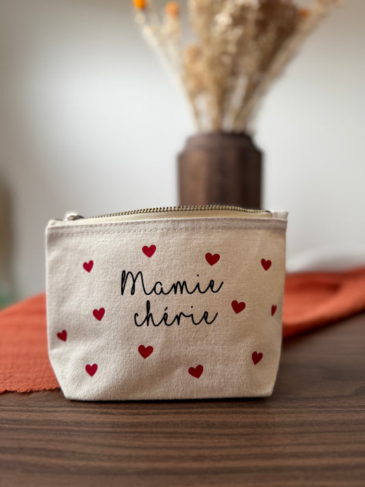 Trousse personnalisée Mamie – Cadeau fête des grands-mères – Pochette en tissu personnalisée avec cœurs