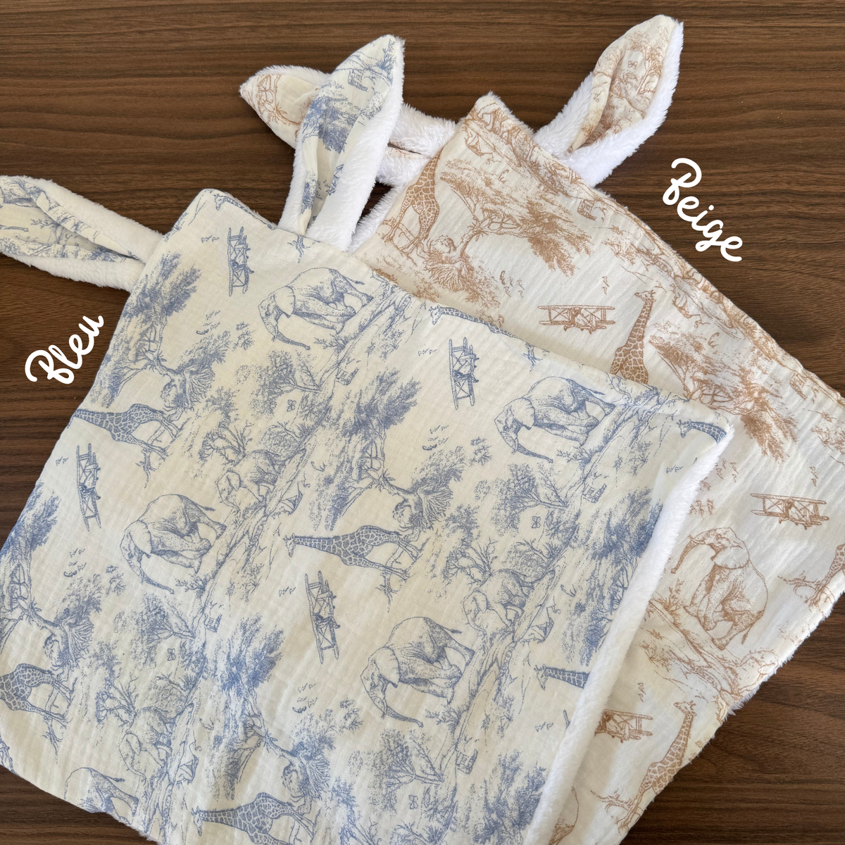 Doudou plat safari personnalisé - Doudou plat gaze de coton - Doudou bébé personnalisé - Cadeau naissance