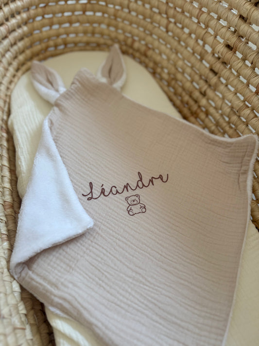 Doudou bébé personnalisé - Doudou plat gaze de coton - Cadeau naissance - Doudou personnalisable