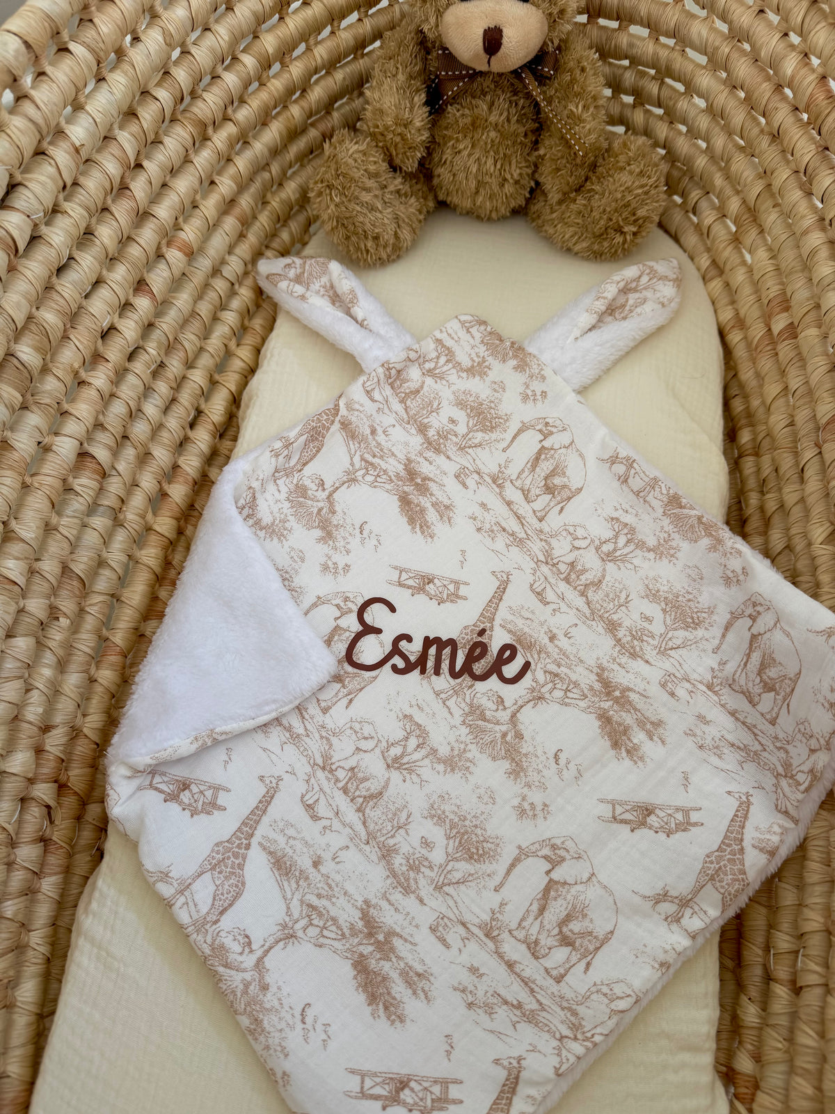 Doudou plat safari personnalisé - Doudou plat gaze de coton - Doudou bébé personnalisé - Cadeau naissance