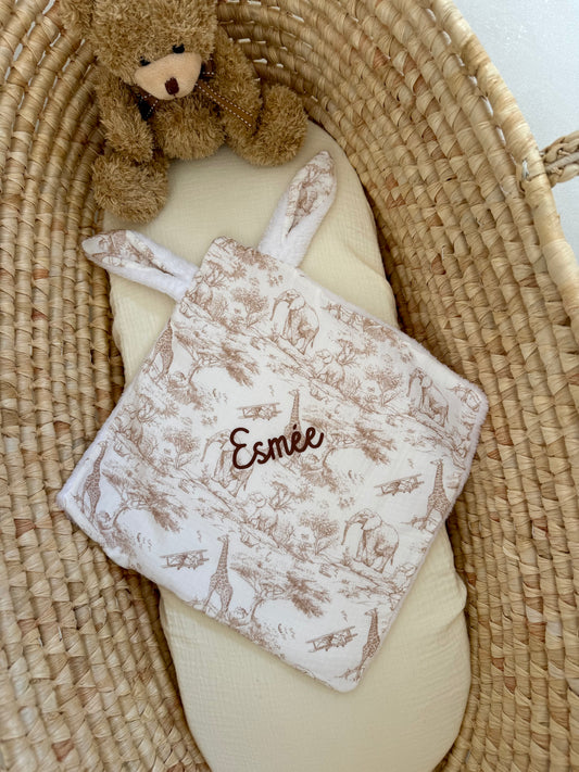 Doudou plat safari personnalisé - Doudou plat gaze de coton - Doudou bébé personnalisé - Cadeau naissance