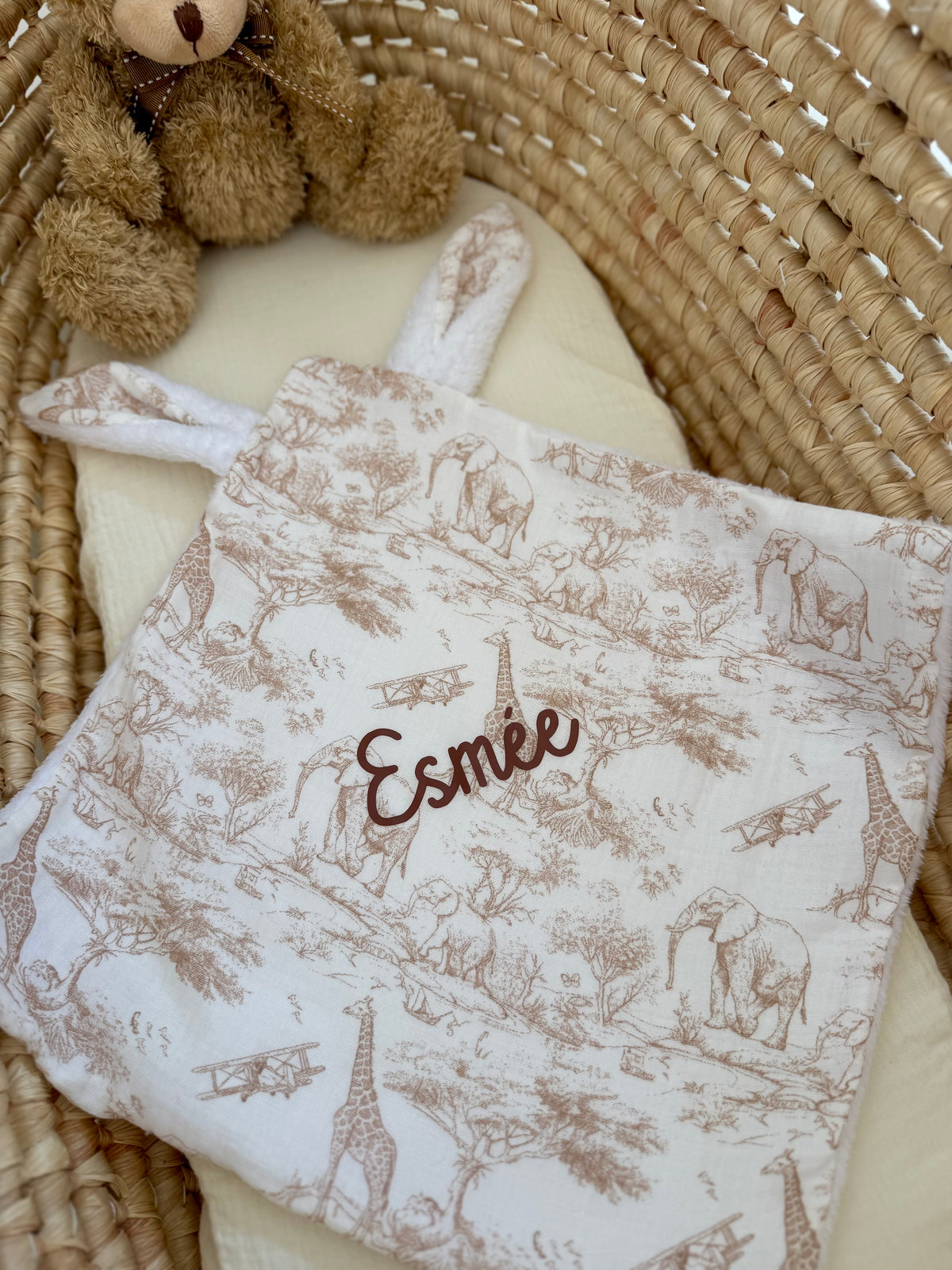 Doudou plat safari personnalisé - Doudou plat gaze de coton - Doudou bébé personnalisé - Cadeau naissance