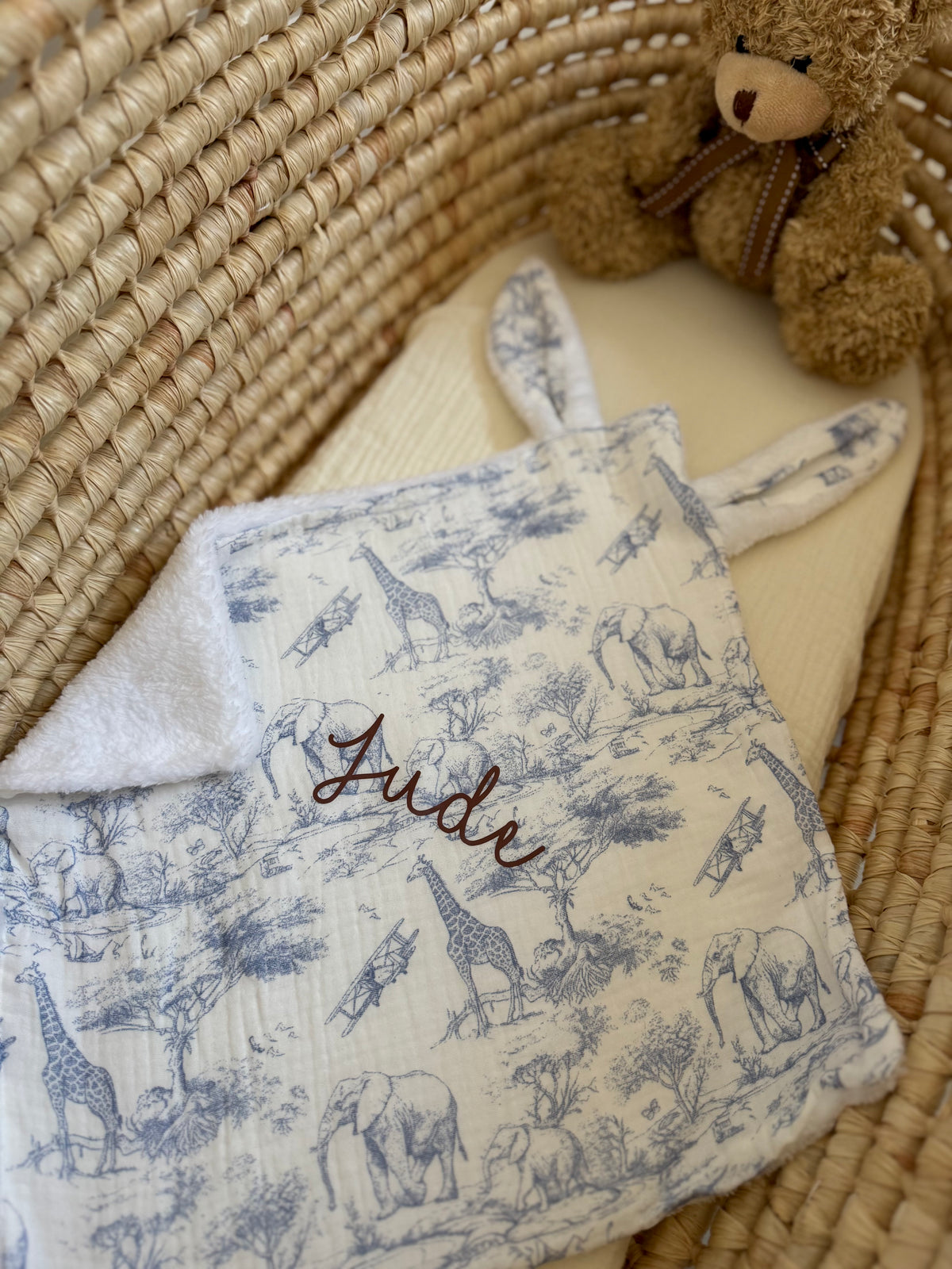 Doudou plat safari personnalisé - Doudou plat gaze de coton - Doudou bébé personnalisé - Cadeau naissance