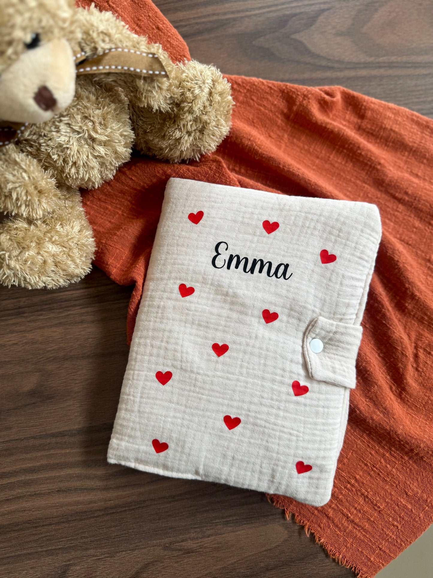 Protège carnet de santé bébé personnalisé en gaze de coton, cadeau naissance personnalisé