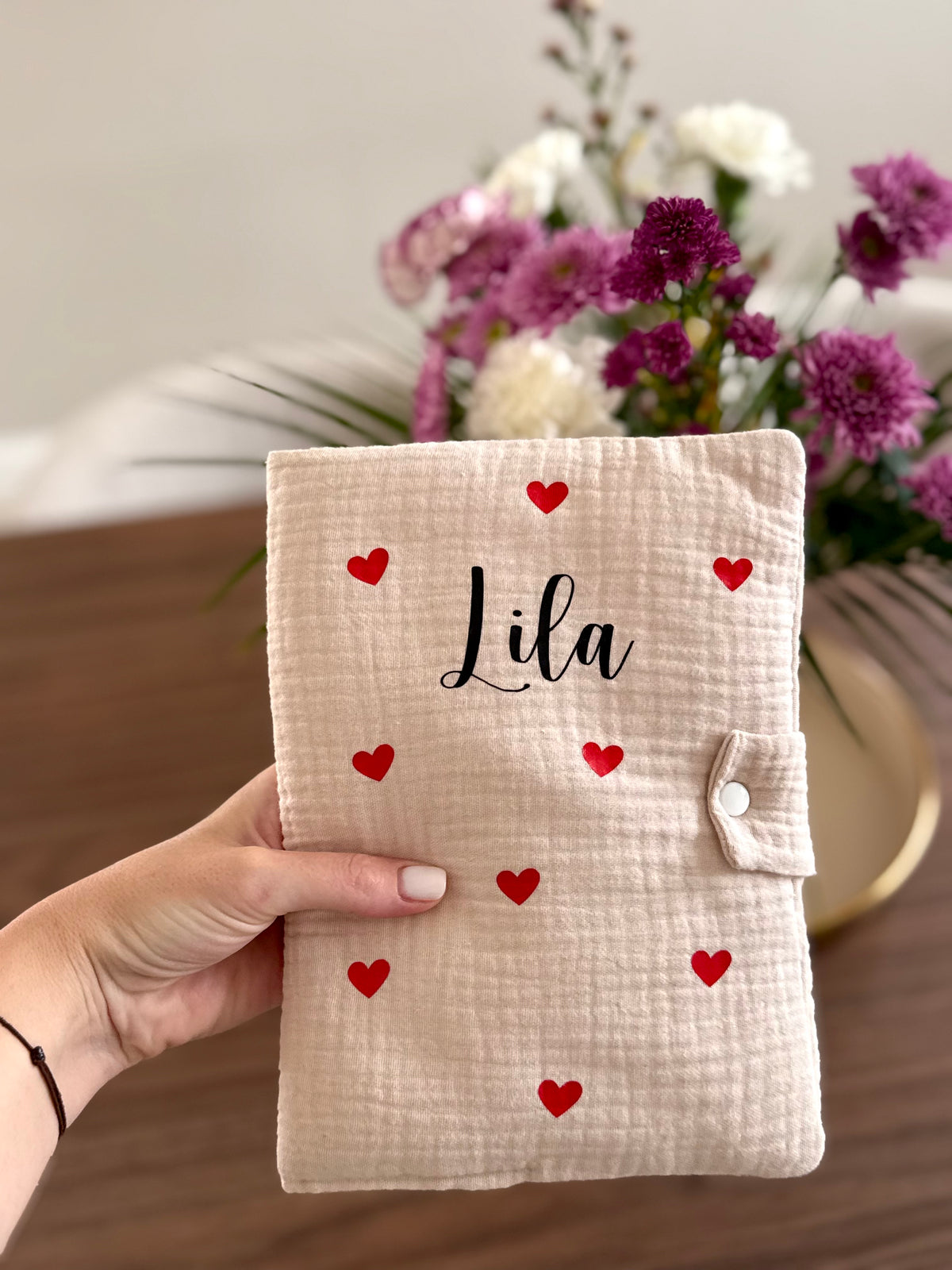 Protège carnet de santé bébé personnalisé en gaze de coton, cadeau naissance personnalisé