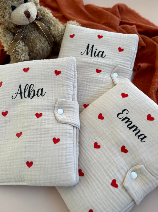 Protège carnet de santé bébé personnalisé en gaze de coton, cadeau naissance personnalisé