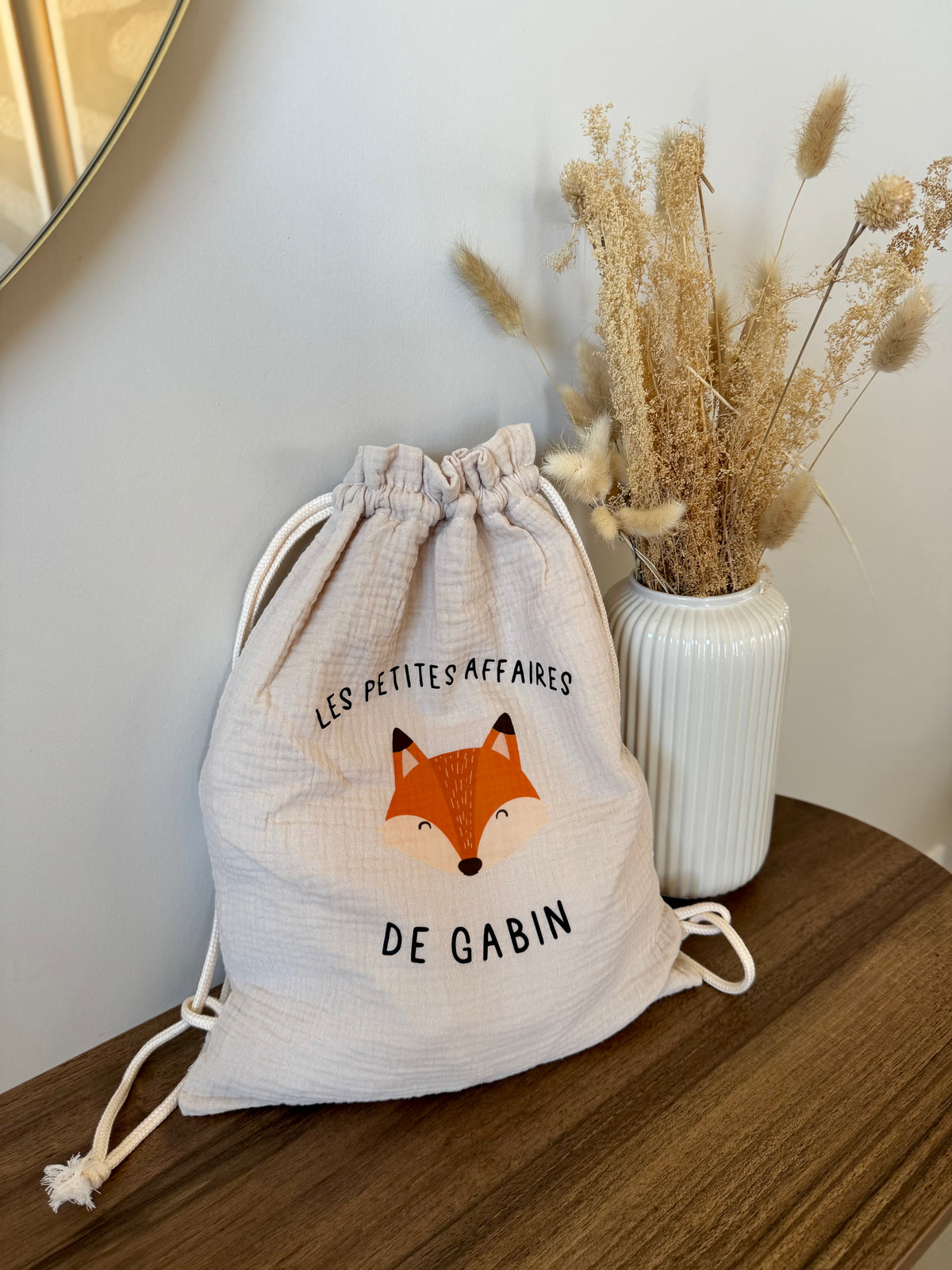Sac à dos / pochon personnalisé enfant en gaze de coton - Sac à cordons personnalisé