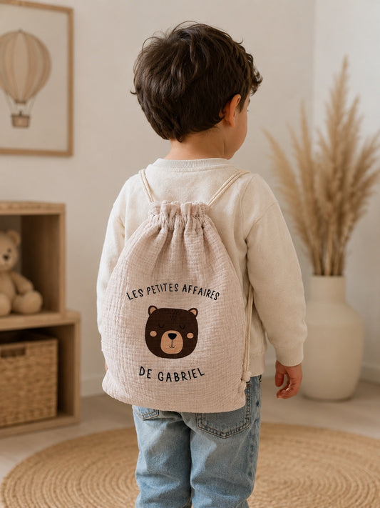 Sac à dos / pochon personnalisé enfant en gaze de coton - Sac à cordons personnalisé