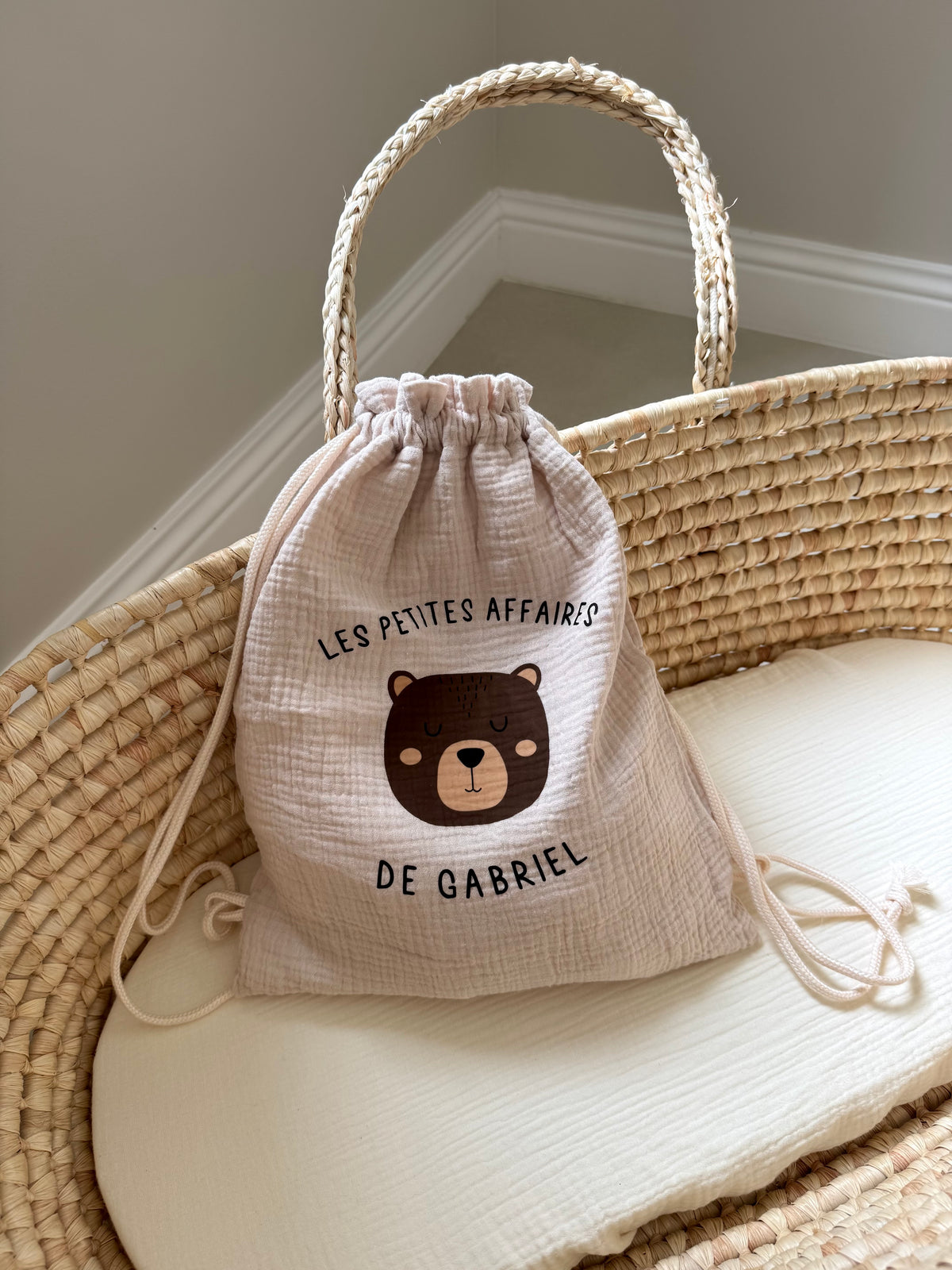 Sac à dos / pochon personnalisé enfant en gaze de coton - Sac à cordons personnalisé