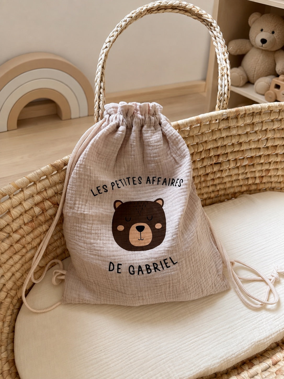 Sac à dos / pochon personnalisé enfant en gaze de coton - Sac à cordons personnalisé