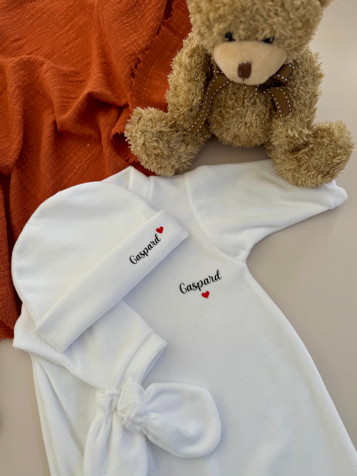 Tenue de naissance personnalisée bébé – Ensemble 3 pièces en velours – Pyjama naissance personnalisé, cadeau naissance