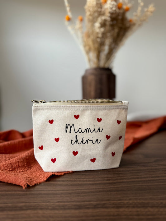 Trousse personnalisée Mamie – Cadeau fête des grands-mères – Pochette en tissu personnalisée avec cœurs