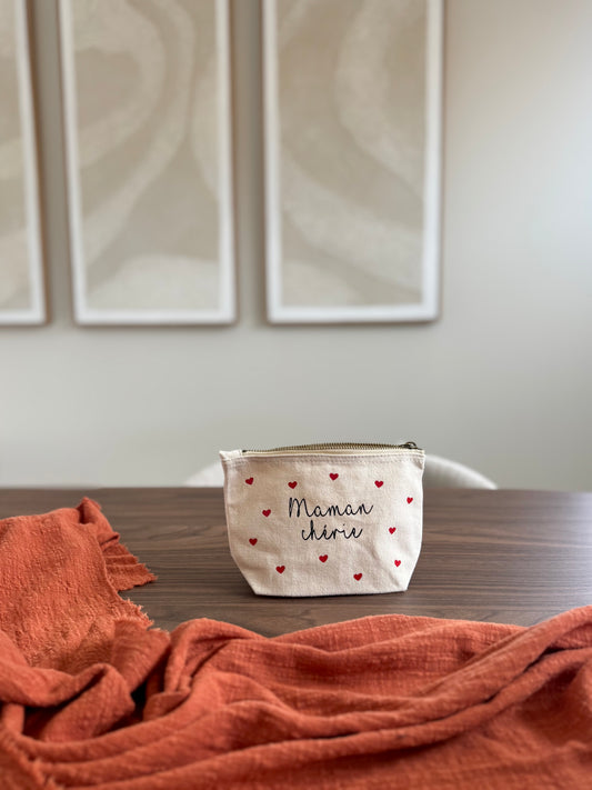 Trousse personnalisée Maman – Cadeau fête des mères – Pochette en tissu personnalisée avec cœurs